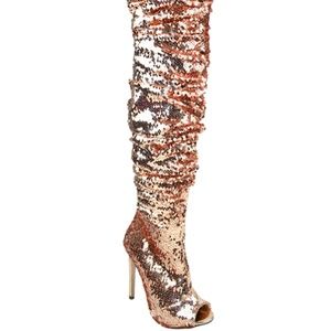 Emma - Sequin Thigh High Peep Toe Bootie Gold
